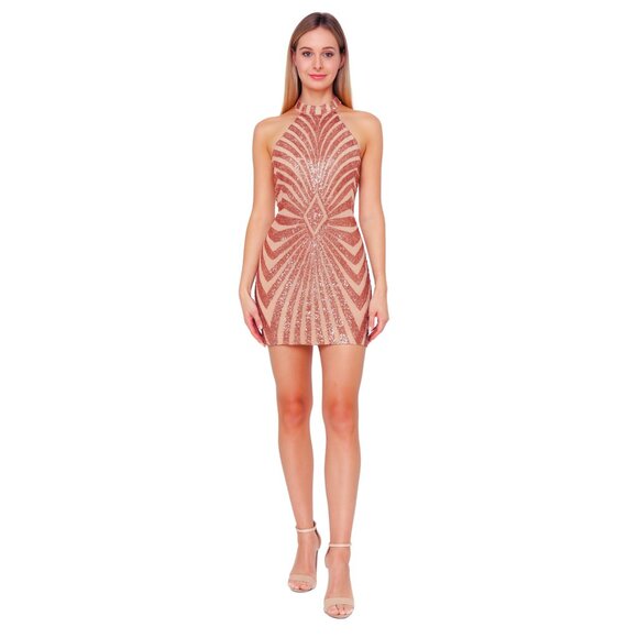Sequin Sparkly Halter Neck Mini Dress  Rose Gold / Nude, Tagged XL (Fits more L) - Picture 1 of 5